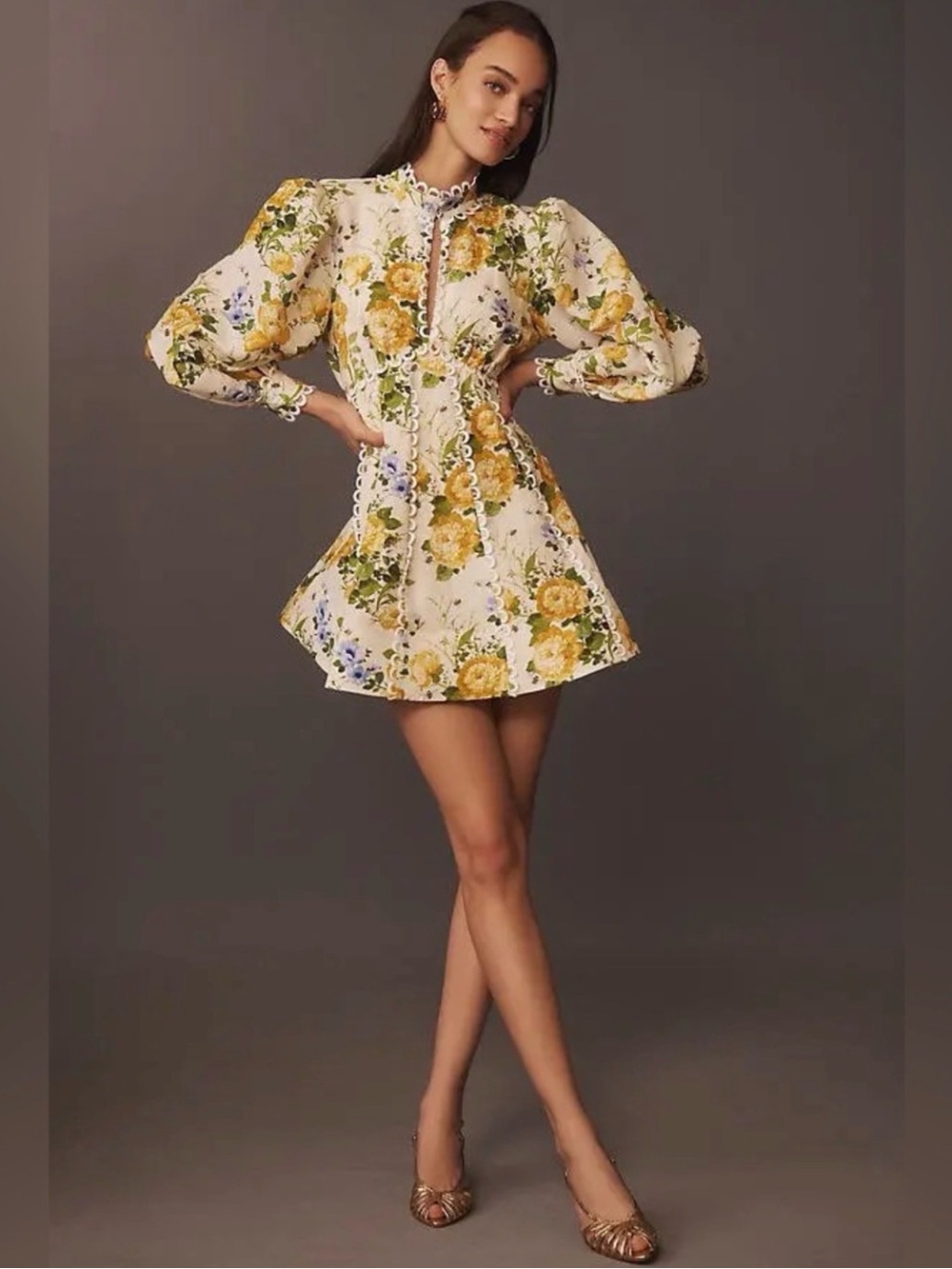Floral Lace-Trim Fit & Flare Mini Dress in Yellow